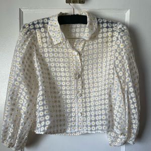 Zara Sheer Daisy Button-up Puff Sleeve collared Blouse